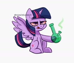 Size: 1750x1500 | Tagged: safe, artist:handgunboi, derpibooru import, twilight sparkle, twilight sparkle (alicorn), alicorn, pony, bong, drugs, female, high, highlight sparkle, mare, marijuana, simple background, solo, spread wings, white background, wingboner, wings