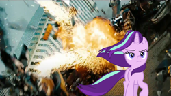 Size: 1920x1080 | Tagged: safe, derpibooru import, edit, edited screencap, screencap, pony, unicorn, the ending of the end, badass, bayformers, cool guys don't look at explosions, death, decepticon, explosion, frown, michael bay, paramount pictures, starlight glimmer in places she shouldn't be, starscream, transformers, transformers dark of the moon