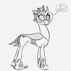 Size: 4000x4000 | Tagged: safe, artist:evan555alpha, ponybooru exclusive, oc, oc only, oc:yvette (evan555alpha), changeling, evan's daily buggo, changeling oc, concerned, dorsal fin, fangs, female, glasses, head turn, looking back, outline, pictogram, plot, question mark, raised hoof, raised leg, round glasses, scrunchy face, signature, simple background, sketch, solo, standing, thinking, thought bubble, white background, wide eyes