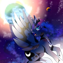 Size: 1080x1080 | Tagged: safe, artist:tessa_key_, derpibooru import, princess luna, alicorn, pony, crying, ethereal mane, female, galaxy mane, horn, jewelry, mare, peytral, solo, tiara, wings