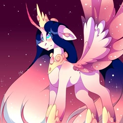 Size: 1080x1079 | Tagged: safe, artist:tessa_key_, derpibooru import, oc, oc only, alicorn, pony, alicorn oc, crown, curved horn, ethereal mane, hoof shoes, horn, jewelry, peytral, regalia, solo, starry mane, wings