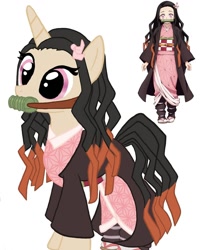 Size: 1080x1350 | Tagged: safe, artist:ponyrefaa, derpibooru import, pony, unicorn, bit gag, clothes, duo, gag, kimetsu no yaiba, nezuko kamado, ponified, simple background, white background