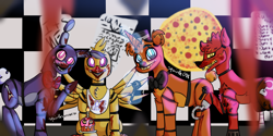 Size: 1300x650 | Tagged: safe, artist:squirtlesuniverse, derpibooru import, pony, unicorn, animatronic, blood, bonnie, bowtie, chica, crossover, five nights at freddy's, food, foxy, freddy fazbear, glowing horn, horn, indoors, magic, pizza, ponified, smiling, telekinesis