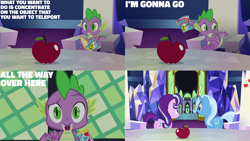 Size: 1280x720 | Tagged: safe, derpibooru import, edit, edited screencap, editor:quoterific, screencap, spike, starlight glimmer, trixie, dragon, pony, unicorn, all bottled up, apple, book, comic, cutie map, female, food, male, mare, open mouth, stallion, twilight's castle