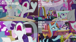 Size: 1280x720 | Tagged: safe, derpibooru import, edit, edited screencap, editor:quoterific, screencap, rarity, sassy saddles, sweetie belle, pony, unicorn, forever filly, crying, female, magic, mare, marshmelodrama, nose in the air, open mouth, rarity being rarity, sad, telekinesis, volumetric mouth