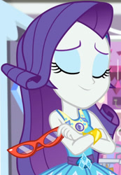 Size: 1920x2778 | Tagged: safe, derpibooru import, screencap, rarity, better together, costume conundrum, costume conundrum: rarity, equestria girls, bracelet, clothes, cropped, crossed arms, cutie mark, cutie mark on clothes, eyes closed, female, geode of shielding, glasses, jewelry, magical geodes, rarity peplum dress, rarity's bedroom, rarity's glasses, smiling, solo