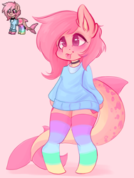 Size: 750x1000 | Tagged: safe, artist:valeria_fills, derpibooru import, oc, oc only, original species, pony, semi-anthro, shark, shark pony, :p, blushing, clothes, cutie mark, digital art, female, mare, pony town, shark pony oc, shark tail, simple background, solo, stockings, sweater, tail, thigh highs, tongue, tongue out