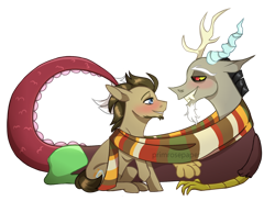 Size: 1280x937 | Tagged: safe, artist:primrosepaper, derpibooru import, discord, doctor whooves, draconequus, earth pony, blushing, clothes, crack shipping, facial hair, fourth doctor's scarf, gay, goatee, male, scarf, shared clothing, shared scarf, shipping, simple background, transparent background