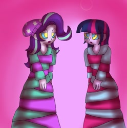 Size: 763x768 | Tagged: safe, artist:artsymlp12, derpibooru import, starlight glimmer, twilight sparkle, twilight sparkle (alicorn), alicorn, human, equestria girls, brainwashing, clothes, dress, humanized, hypnosis, hypnotized, long dress, swirly eyes