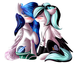 Size: 2646x2267 | Tagged: safe, artist:mediasmile666, derpibooru import, oc, oc only, pegasus, pony, blushing, clothes, duo, eyes closed, female, jewelry, mare, pendant, raised hoof, raised leg, simple background, sitting, socks, striped socks, transparent background, two toned wings, wings