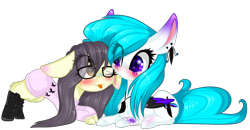 Size: 3000x1556 | Tagged: safe, artist:mediasmile666, derpibooru import, oc, oc only, earth pony, pegasus, pony, :p, bandage, blushing, duo, ear piercing, earring, female, glasses, jewelry, mare, piercing, simple background, tongue, tongue out, transparent background, two toned wings, wings