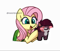 Size: 954x814 | Tagged: safe, artist:handgunboi, derpibooru import, edit, fluttershy, bat, bat pony, pegasus, pony, backpack, bag, blush bat, female, open mouth, solo