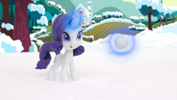 Size: 1920x1080 | Tagged: safe, artist:panhead537, derpibooru import, screencap, rarity, pony, unicorn, my little pony: pony life, my little pony: stop motion short, snow pony contest (short), :o, female, glowing horn, horn, magic, magic aura, open mouth, shocked, snow, snowball, solo, stop motion