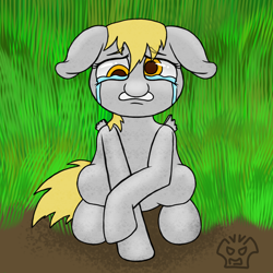 Size: 5000x5000 | Tagged: safe, artist:a-jaller, derpibooru import, derpy hooves, pegasus, pony, abuse, crying, derpybuse, ears, floppy ears, wingless