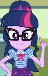 Size: 1920x3075 | Tagged: safe, derpibooru import, screencap, sci-twi, twilight sparkle, better together, equestria girls, holidays unwrapped, bowtie, cropped, cute, female, geode of telekinesis, glasses, hallway, jewelry, lockers, magical geodes, necklace, o come all ye squashful, ponytail, smiling, solo, twiabetes