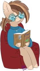 Size: 1065x1893 | Tagged: safe, artist:pasteldraws, derpibooru import, earth pony, pony, book, clothes, glasses, redesign, simple background, sitting, solo, sweater, transparent background