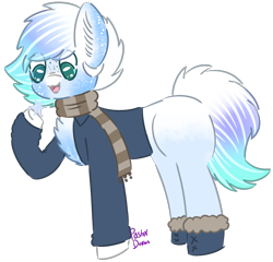 Size: 1706x1636 | Tagged: safe, artist:pasteldraws, derpibooru import, pony, boots, clothes, jacket, redesign, scarf, shoes, simple background, snow, snowflake, solo, transparent background