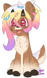 Size: 852x1411 | Tagged: safe, artist:pasteldraws, derpibooru import, deer, pony, candy, fluffy, food, freckles, redesign, simple background, sitting, solo, sweets, transparent background