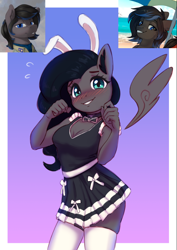 Size: 732x1033 | Tagged: safe, artist:dukevonkessel, artist:mrscroup, artist:trickate, derpibooru import, edit, oc, oc only, oc:boreal bloom, anthro, pegasus, adorasexy, anthro oc, bare shoulders, blushing, breasts, bunny ears, cleavage, clothes, cute, daaaaaaaaaaaw, female, floating wings, looking at you, maid, mare, necktie, plewds, rule 63, schrödinger's pantsu, sexy, skirt, smiling, socks, solo, solo female, tanktop, thigh highs, wings