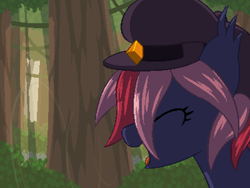 Size: 800x600 | Tagged: safe, artist:rangelost, derpibooru import, oc, oc only, oc:moonflower, bat pony, pony, bat pony oc, bust, cap, cyoa:d20 pony, eyes closed, female, forest, hat, mare, outdoors, profile, solo, tree