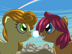 Size: 800x600 | Tagged: safe, artist:rangelost, derpibooru import, carrot top, golden harvest, oc, oc:trailblazer, earth pony, pony, backlighting, bust, cloud, cyoa:d20 pony, duo, female, hill, looking at each other, mare, rainbow, sky, smiling, sun