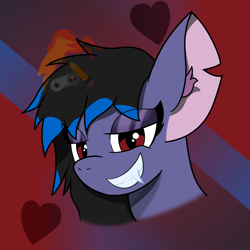 Size: 2000x2000 | Tagged: safe, artist:ragedox, derpibooru import, oc, oc:rouse black, bat, bat pony, pony, bat pony oc, fangs, female, grey hair, head, looking at you, red eyes, smiling, solo