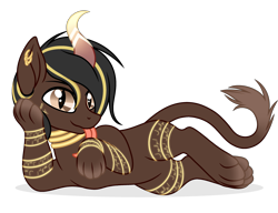 Size: 3045x2334 | Tagged: safe, artist:rioshi, artist:starshade, derpibooru import, oc, oc only, oc:miruki, sphinx, base used, cat ears, coat markings, commission, crossed legs, curved horn, ear piercing, earring, highlights, horn, jewelry, leonine tail, licking, licking foot, looking at you, lying down, male, neck rings, on side, paws, piercing, simple background, smiling, solo, sphinx oc, striped horn, striped mane, tongue, tongue out, transparent background, wingless