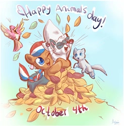 Size: 1474x1500 | Tagged: safe, artist:avui, derpibooru import, oc, oc:ember (hwcon), pony, animal, hearth's warming con, leaf