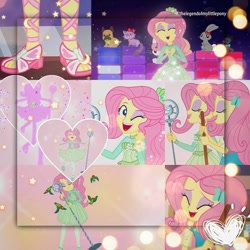 Size: 1080x1080 | Tagged: safe, derpibooru import, edit, edited screencap, editor:thelegendofmylittlepony, screencap, angel bunny, fluttershy, bird, cat, dog, rabbit, better together, equestria girls, so much more to me, animal, broom, clothes, cute, cutie mark, cutie mark on clothes, female, geode of fauna, hairpin, jewelry, magical geodes, male, microphone, microphone stand, necklace, one eye closed, open mouth, sandals, shyabetes, singing, smiling, wink