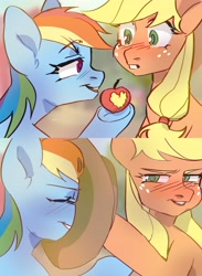 Size: 3000x4096 | Tagged: safe, artist:kencee6, derpibooru import, applejack, rainbow dash, earth pony, pegasus, pony, apple, appledash, bite mark, bitten apple, blushing, covering face, female, food, hat, hat over eyes, heart, heart shaped, lesbian, looking at each other, shipping, smiling, tsundere