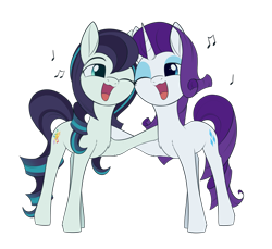 Size: 1805x1653 | Tagged: safe, artist:dusthiel, derpibooru import, coloratura, rarity, earth pony, pony, unicorn, :3, eye contact, female, lesbian, looking at each other, mare, music notes, one eye closed, open mouth, rarararara, shipping, simple background, singing, transparent background