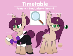 Size: 2772x2116 | Tagged: safe, artist:moonatik, derpibooru import, oc, oc only, oc:timetable, bat pony, hybrid, pony, unicorn, bat pony oc, clothes, cravat, cutie mark, fangs, gradient hooves, horn, reference sheet, shoes, suggestive description, text, tights, unicorn oc