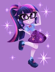 Size: 1557x2048 | Tagged: safe, artist:binco_293, derpibooru import, sci-twi, twilight sparkle, better together, equestria girls, beautiful, cute, female, human coloration, looking at you, purple background, purple eyes, purple hair, purple skin, simple background, smiling, solo, sparkles, twiabetes, wingding eyes, woman