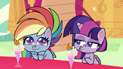 Size: 1920x1080 | Tagged: safe, derpibooru import, screencap, rainbow dash, twilight sparkle, alicorn, pegasus, pony, my little pony: pony life, playwright or wrong, spoiler:pony life s02e21, :v, cupcake, cupcake sundae, duo, hooves on face