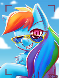 Size: 904x1199 | Tagged: safe, artist:ikarooz, derpibooru import, rainbow dash, pegasus, pony, bust, camera shot, chest fluff, cloud, ear fluff, ears, female, looking at you, mare, one eye closed, sky, smiling, solo, sunglasses, wink