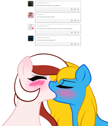 Size: 1280x1500 | Tagged: safe, artist:askoperapony, derpibooru import, oc, oc:internet explorer, oc:opera, pony, blonde, blonde mane, blushing, browser ponies, female, internet explorer, kissing, lesbian