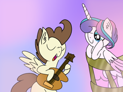 Size: 1024x768 | Tagged: safe, artist:clitterpawristic, derpibooru import, pound cake, princess flurry heart, alicorn, pegasus, pony, eyes closed, female, guitar, hoof hold, male, musical instrument, older, older flurry heart, older pound cake, open mouth, poundflurry, shipping, singing, spread wings, straight