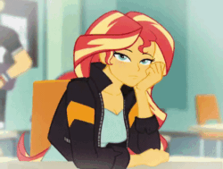 Size: 560x424 | Tagged: safe, artist:nairdags, sunset shimmer, equestria girls, animated, blinking, blushing, blushing profusely, caught, embarrassed, female, gif, hand on face, lidded eyes, looking at you, looking away, sitting, solo