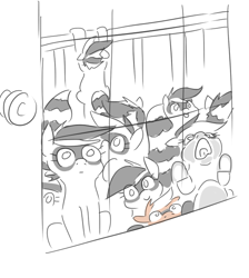 Size: 583x651 | Tagged: safe, artist:jargon scott, oc, oc only, oc:bandy cyoot, oc:pandy cyoot, hybrid, original species, pony, raccoon, raccoon pony, red panda, red panda pony, against glass, door, female, glass, hanging, looking at you, mare, monochrome, multeity, neo noir, open mouth, partial color, sitting, smiling, underhoof