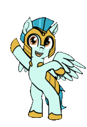 Size: 670x978 | Tagged: safe, alternate version, artist:neuro, guardian angel (character), pegasus, pony, animated, armor, bipedal, dancing, female, gif, guardsmare, helmet, hoof shoes, looking at you, mare, open mouth, open smile, royal guard, smiling, smiling at you, solo, spread wings, wings