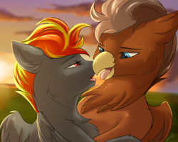 Size: 2000x1600 | Tagged: safe, artist:snowstormbat, derpibooru import, oc, oc:digidash, oc:grimvale, griffon, pegasus, pony, bust, cloud, couple, gay, griffon oc, kissing, male, portrait, shipping, stallion, sunset, wings