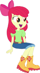 Size: 879x1600 | Tagged: safe, artist:jebens1, artist:therandomone95, derpibooru import, apple bloom, equestria girls, adorabloom, apple bloom's bow, belt, boots, bow, clothes, cute, hair bow, jeans, pants, red hair, shirt, shoes, sitting, smiling, solo