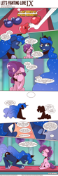 Size: 1300x3903 | Tagged: safe, artist:saturdaymorningproj, derpibooru import, princess luna, sugar belle, alicorn, pony, unicorn, comic:let's fighting love, boxing, boxing gloves, comic, dialogue, fight, hoof shoes, horn, magic, punch, speech bubble, sports, telekinesis