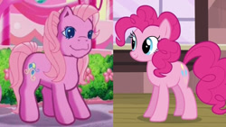 Size: 1280x720 | Tagged: safe, derpibooru import, screencap, pinkie pie, pinkie pie (g3), earth pony, g3, positively pink, three's a crowd, comparison, cropped, g3 to g4, generation leap