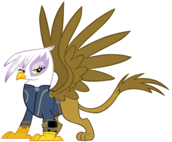 Size: 1024x844 | Tagged: safe, artist:cloudyglow, artist:ponygamer2020, derpibooru import, gilda, griffon, fallout equestria, clothes, fallout, female, jumpsuit, majestic, pipboy, simple background, solo, spread wings, transparent background, vault suit, vector, wings