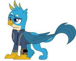Size: 5000x3977 | Tagged: safe, artist:dashiesparkle, artist:ponygamer2020, derpibooru import, gallus, griffon, fallout equestria, school daze, absurd resolution, clothes, fallout, jumpsuit, male, pipboy, raised eyebrow, simple background, solo, transparent background, vault suit, vector