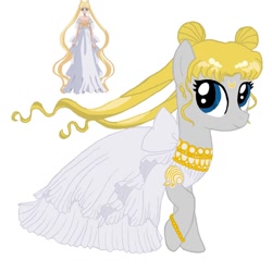 Size: 1080x1080 | Tagged: safe, artist:ponyrefaa, derpibooru import, human, pony, bracelet, clothes, dress, duo, eyelashes, female, jewelry, mare, ponified, sailor moon, simple background, smiling, white background