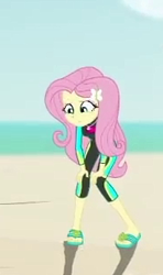 Size: 183x309 | Tagged: safe, derpibooru import, screencap, fluttershy, aww... baby turtles, better together, equestria girls, beach, clothes, cropped, female, sandals, solo, swimsuit, wetsuit