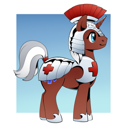 Size: 1355x1350 | Tagged: safe, artist:nynehells, derpibooru import, oc, oc only, oc:cinnamon song, pony, unicorn, armor, combat medic, medic, royal guard, solo, trans female, transgender