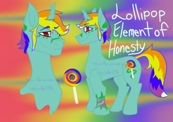 Size: 1700x1200 | Tagged: safe, artist:squirtlesuniverse, derpibooru import, oc, oc only, pony, unicorn, abstract background, bust, candy, duo, food, horn, lollipop, male, reference sheet, stallion, unicorn oc